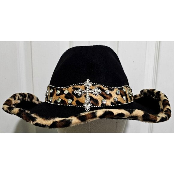 Peter Grimm Black Wool Cowboy Hat Studded Cross Rhinestone Western Goth Witchy main image 7